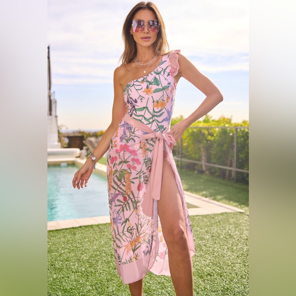 Pink floral swim suit with matching wrap skirt